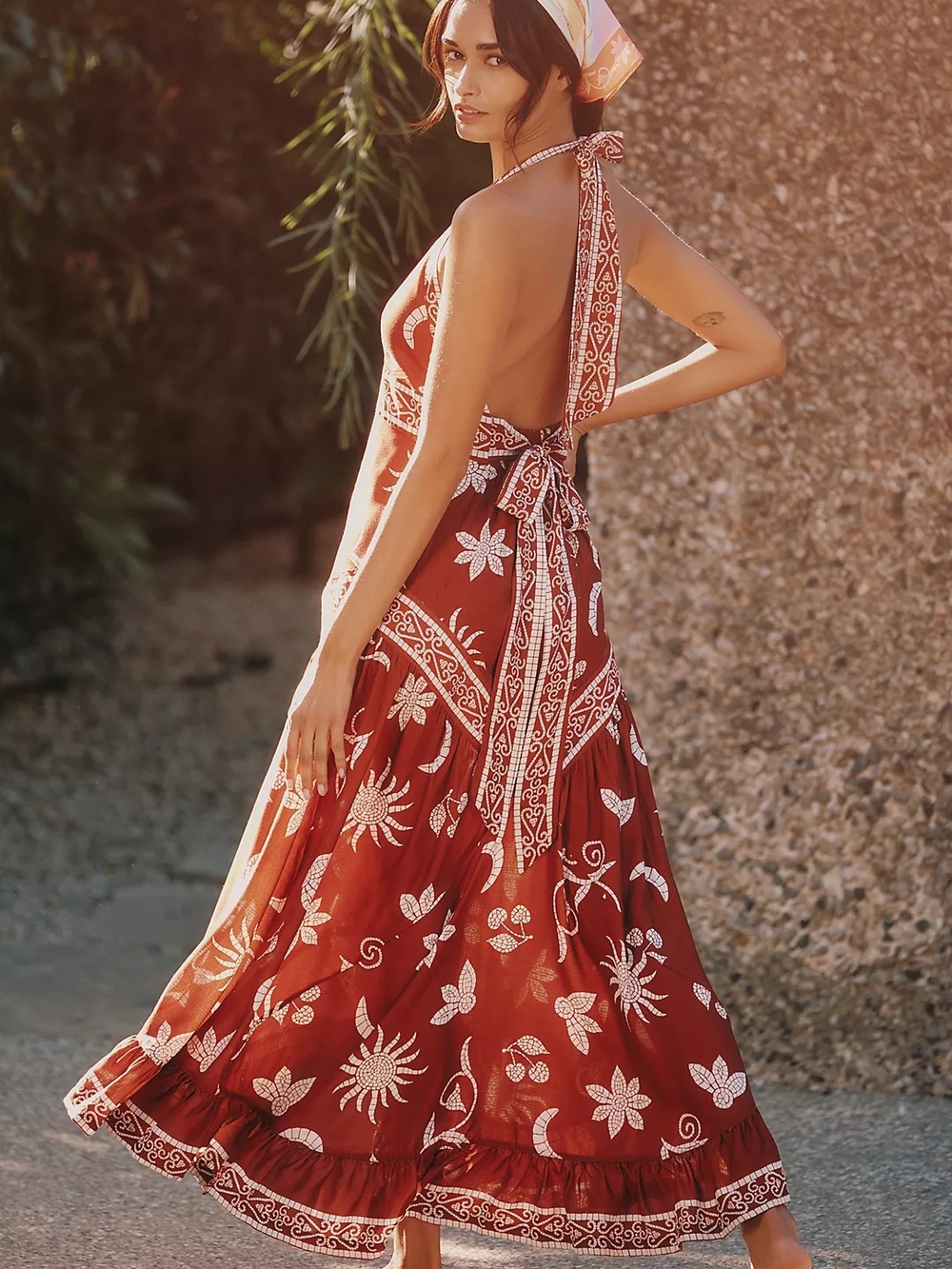 Anthropoligie Celandine Boho Halter Maxi Dress in Rust with White Print